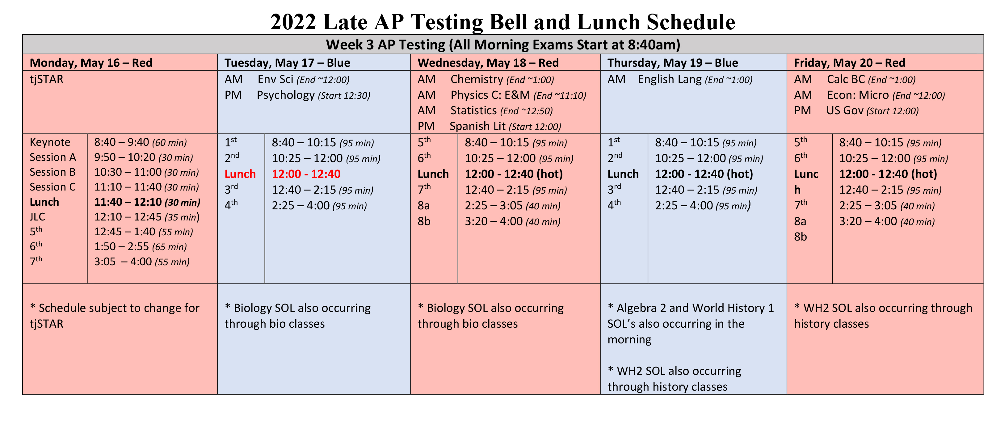 AP Testing Schedule 2022 Thomas Jefferson High School for Science and